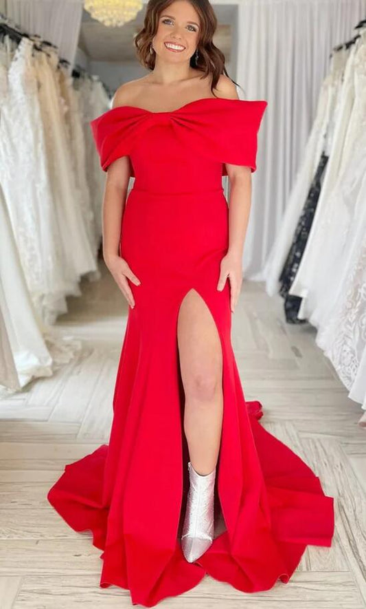 Off Shoulder Mermaid Red Long Prom Dress with High Slit KB1295