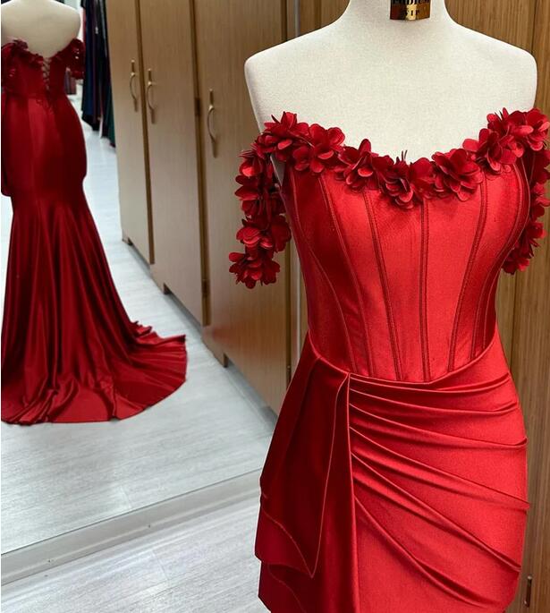 Red Off-the-Shoulder 3D Floral Mermaid Long Prom Dress  KB1296