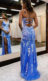Glitzerndes blaues Meerjungfrau-Spitzen-Ballkleid mit Schlitz KB1309 