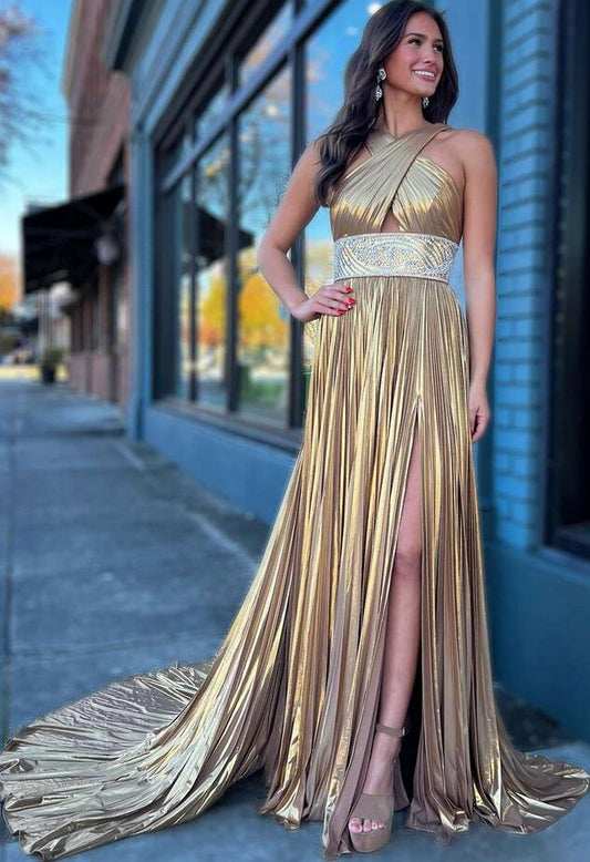 Pleated Criss Cross Straps Metallic Long Prom Dress KB1323