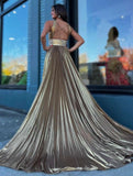 Pleated Criss Cross Straps Metallic Long Prom Dress KB1323