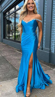 Off the Shoulder Beaded Blue Mermaid Prom Dress with Slit KB1324