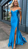 Off the Shoulder Beaded Blue Mermaid Prom Dress with Slit KB1324