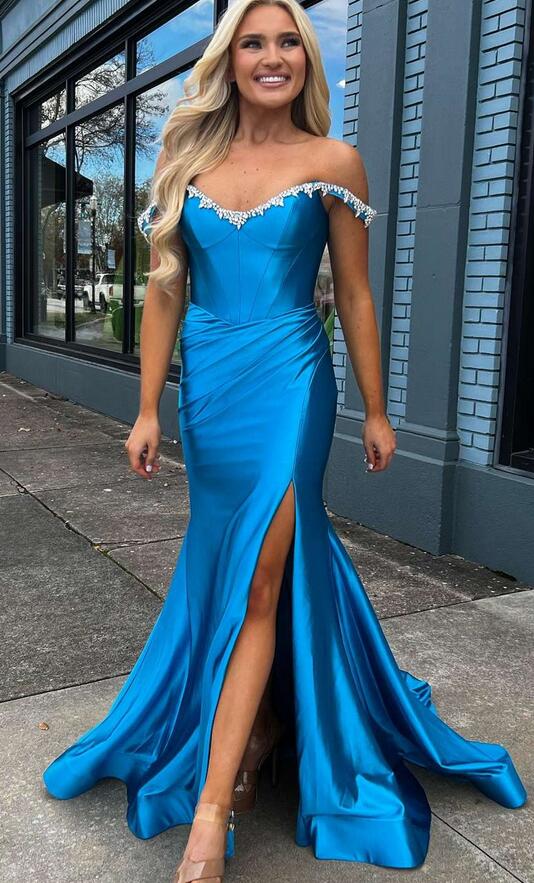 Off the Shoulder Beaded Blue Mermaid Prom Dress with Slit KB1324