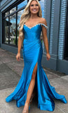 Off the Shoulder Beaded Blue Mermaid Prom Dress with Slit KB1324