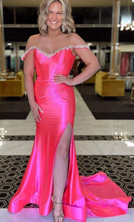 Off the Shoulder Beaded Blue Mermaid Prom Dress with Slit KB1324