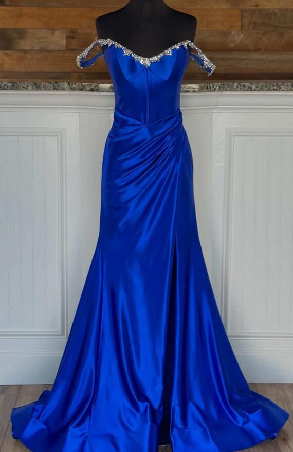 Off the Shoulder Beaded Blue Mermaid Prom Dress with Slit KB1324