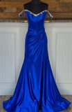 Off the Shoulder Beaded Blue Mermaid Prom Dress with Slit KB1324