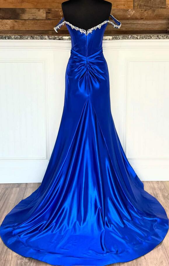 Off the Shoulder Beaded Blue Mermaid Prom Dress with Slit KB1324