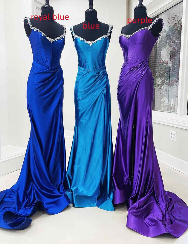 Off the Shoulder Beaded Blue Mermaid Prom Dress with Slit KB1324