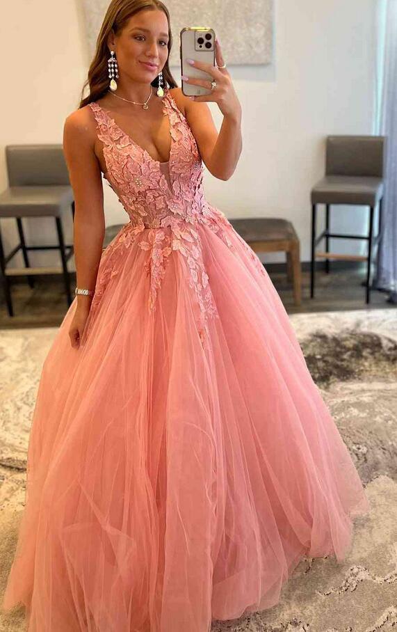 Wunderschönes langes Ballkleid aus Tüll mit V-Ausschnitt in Orange KB1337 