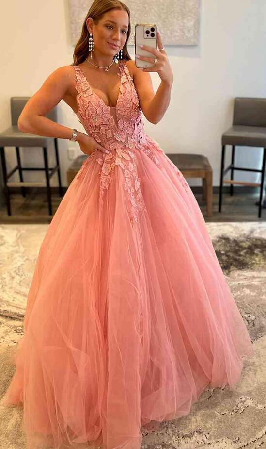 Wunderschönes langes Ballkleid aus Tüll mit V-Ausschnitt in Orange KB1337 
