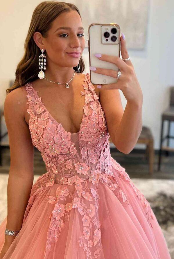 Wunderschönes langes Ballkleid aus Tüll mit V-Ausschnitt in Orange KB1337 