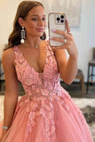Wunderschönes langes Ballkleid aus Tüll mit V-Ausschnitt in Orange KB1337 
