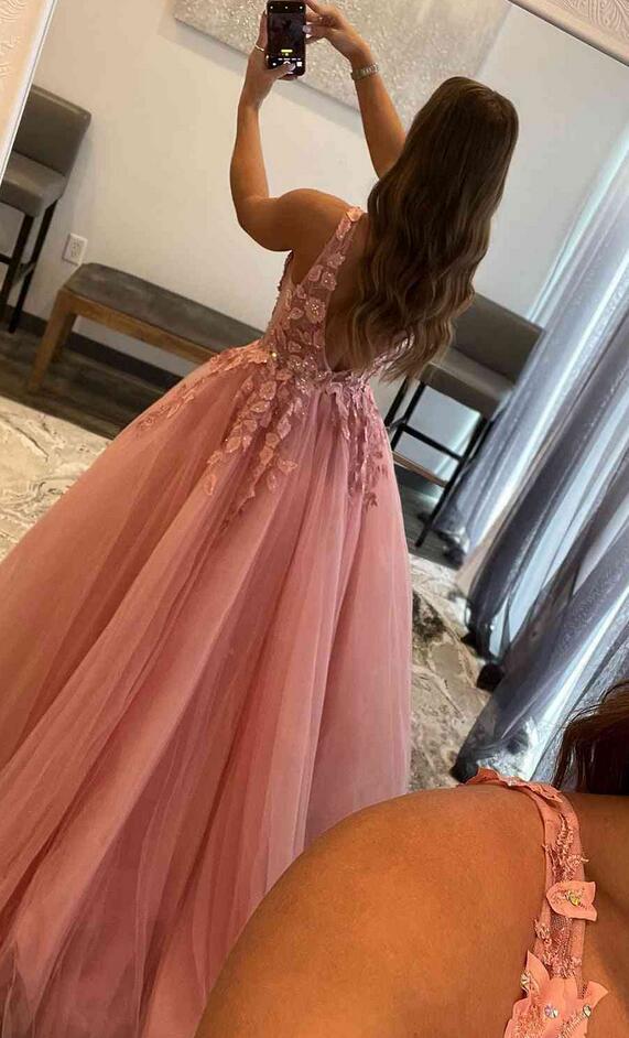 Wunderschönes langes Ballkleid aus Tüll mit V-Ausschnitt in Orange KB1337 