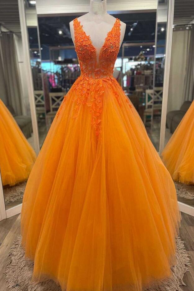 Wunderschönes langes Ballkleid aus Tüll mit V-Ausschnitt in Orange KB1337 
