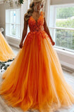 Wunderschönes langes Ballkleid aus Tüll mit V-Ausschnitt in Orange KB1337 