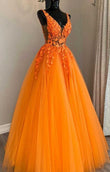 Wunderschönes langes Ballkleid aus Tüll mit V-Ausschnitt in Orange KB1337 