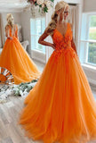 Wunderschönes langes Ballkleid aus Tüll mit V-Ausschnitt in Orange KB1337 