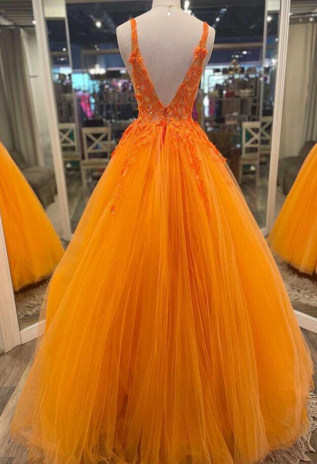 Wunderschönes langes Ballkleid aus Tüll mit V-Ausschnitt in Orange KB1337 