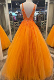 Wunderschönes langes Ballkleid aus Tüll mit V-Ausschnitt in Orange KB1337 