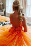 Wunderschönes langes Ballkleid aus Tüll mit V-Ausschnitt in Orange KB1337 