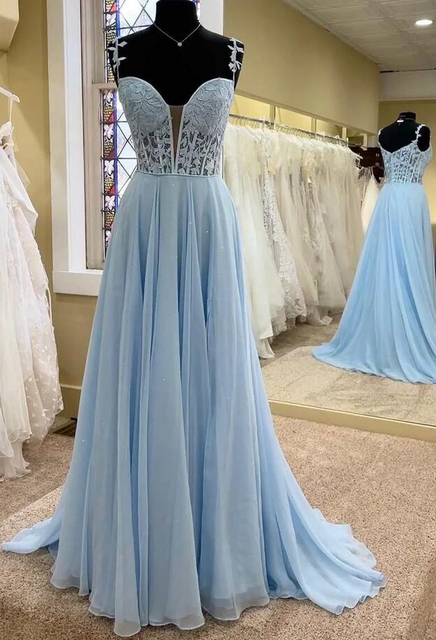 Langes Chiffon-Ballkleid in A-Linie mit Spitzenoberteil in Blattform KB1338 