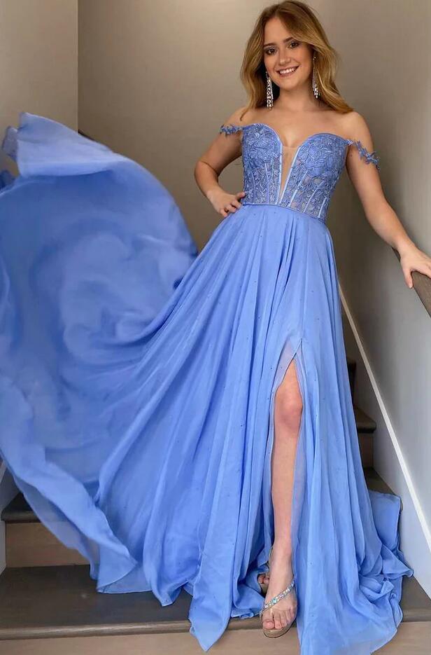 Langes Chiffon-Ballkleid in A-Linie mit Spitzenoberteil in Blattform KB1338 