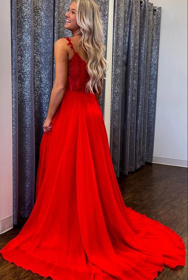 Langes Chiffon-Ballkleid in A-Linie mit Spitzenoberteil in Blattform KB1338 
