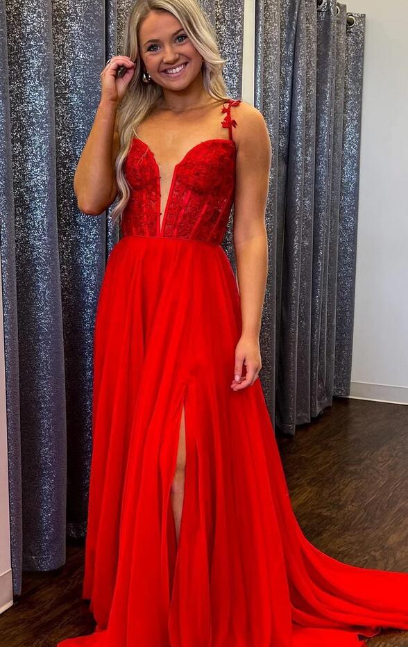 Langes Chiffon-Ballkleid in A-Linie mit Spitzenoberteil in Blattform KB1338 
