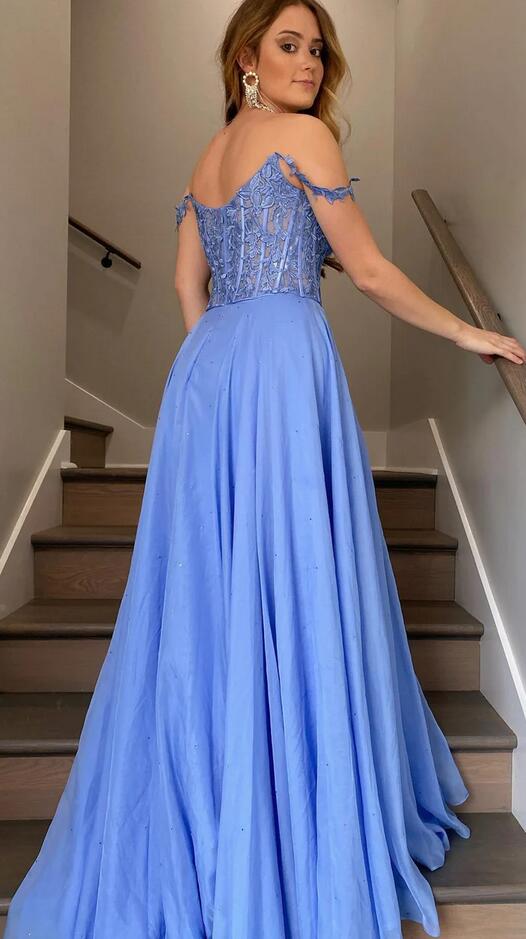Langes Chiffon-Ballkleid in A-Linie mit Spitzenoberteil in Blattform KB1338 