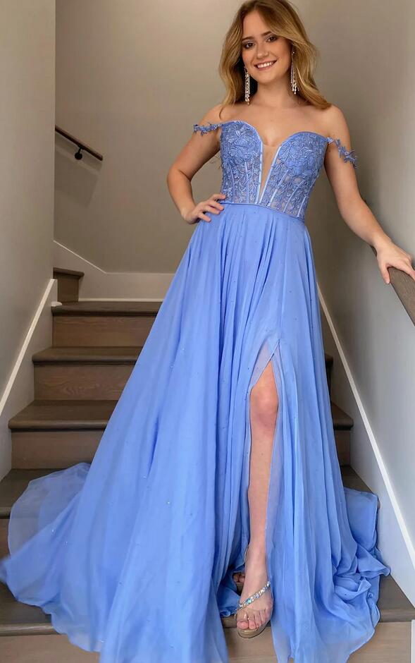 Langes Chiffon-Ballkleid in A-Linie mit Spitzenoberteil in Blattform KB1338 