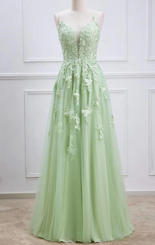 Plungin V-Neck Sage Green Straps Appliques Tulle Prom Dress KB1345