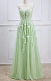 Plungin V-Neck Sage Green Straps Appliques Tulle Prom Dress KB1345