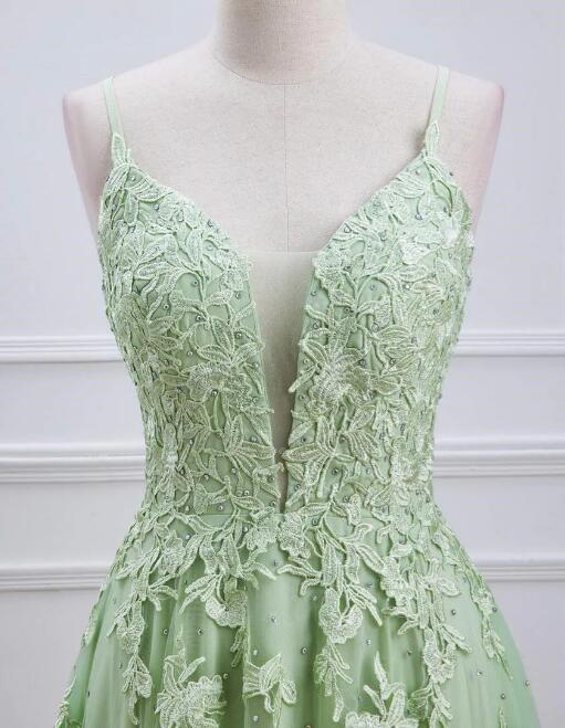 Plungin V-Neck Sage Green Straps Appliques Tulle Prom Dress KB1345