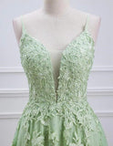 Plungin V-Neck Sage Green Straps Appliques Tulle Prom Dress KB1345