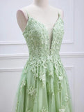 Plungin V-Neck Sage Green Straps Appliques Tulle Prom Dress KB1345