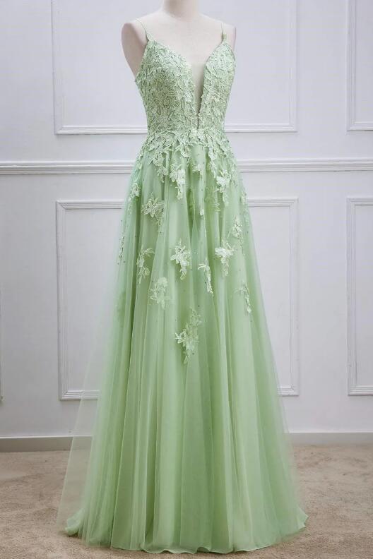 Plungin V-Neck Sage Green Straps Appliques Tulle Prom Dress KB1345