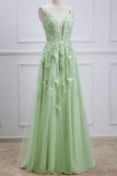 Plungin V-Neck Sage Green Straps Appliques Tulle Prom Dress KB1345