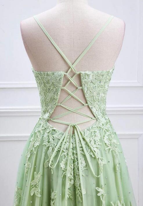 Plungin V-Neck Sage Green Straps Appliques Tulle Prom Dress KB1345