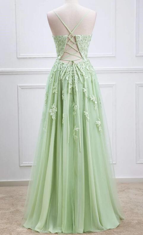 Plungin V-Neck Sage Green Straps Appliques Tulle Prom Dress KB1345