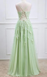 Plungin V-Neck Sage Green Straps Appliques Tulle Prom Dress KB1345