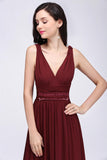 Ruched A-line Burgundy Chiffon V-Neck Evening Dresses Formal Bridesmaid Dress Gowns