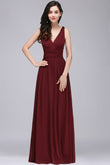 Ruched A-line Burgundy Chiffon V-Neck Evening Dresses Formal Bridesmaid Dress Gowns