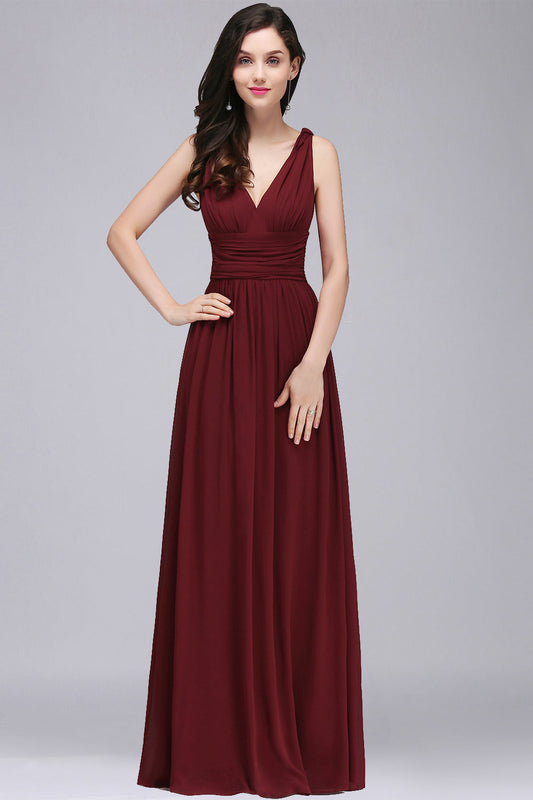 Ruched A-line Burgundy Chiffon V-Neck Evening Dresses Formal Bridesmaid Dress Gowns