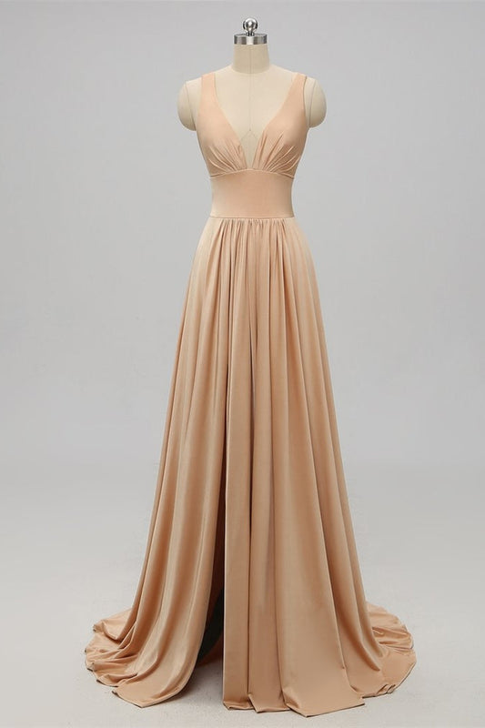 Gold Long Bridesmaid Dress with Slit Prom Formal Evening Dresses Party Gowns