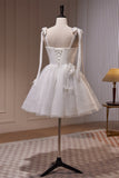 Elfenbeinfarbenes Abendkleid mit Fliege und Perlenschleifen, Tüll, für Heimkehr, Party, Abschlussball, Cocktailkleid 