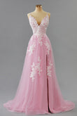 Pink Appliques Spaghetti Straps A-line Long Prom Party Dress with Slit Formal Evening Dresses