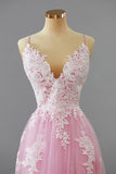 Pink Appliques Spaghetti Straps A-line Long Prom Party Dress with Slit Formal Evening Dresses
