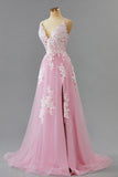Pink Appliques Spaghetti Straps A-line Long Prom Party Dress with Slit Formal Evening Dresses
